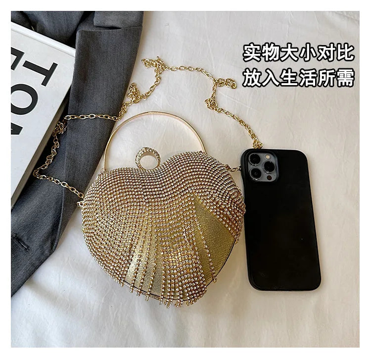 Rhinestone Evening Bag Heart Pattern Silver Handbag Womens Diamond Tassel Banquet Clutch And Purse Wedding Bridal Prom Wallets