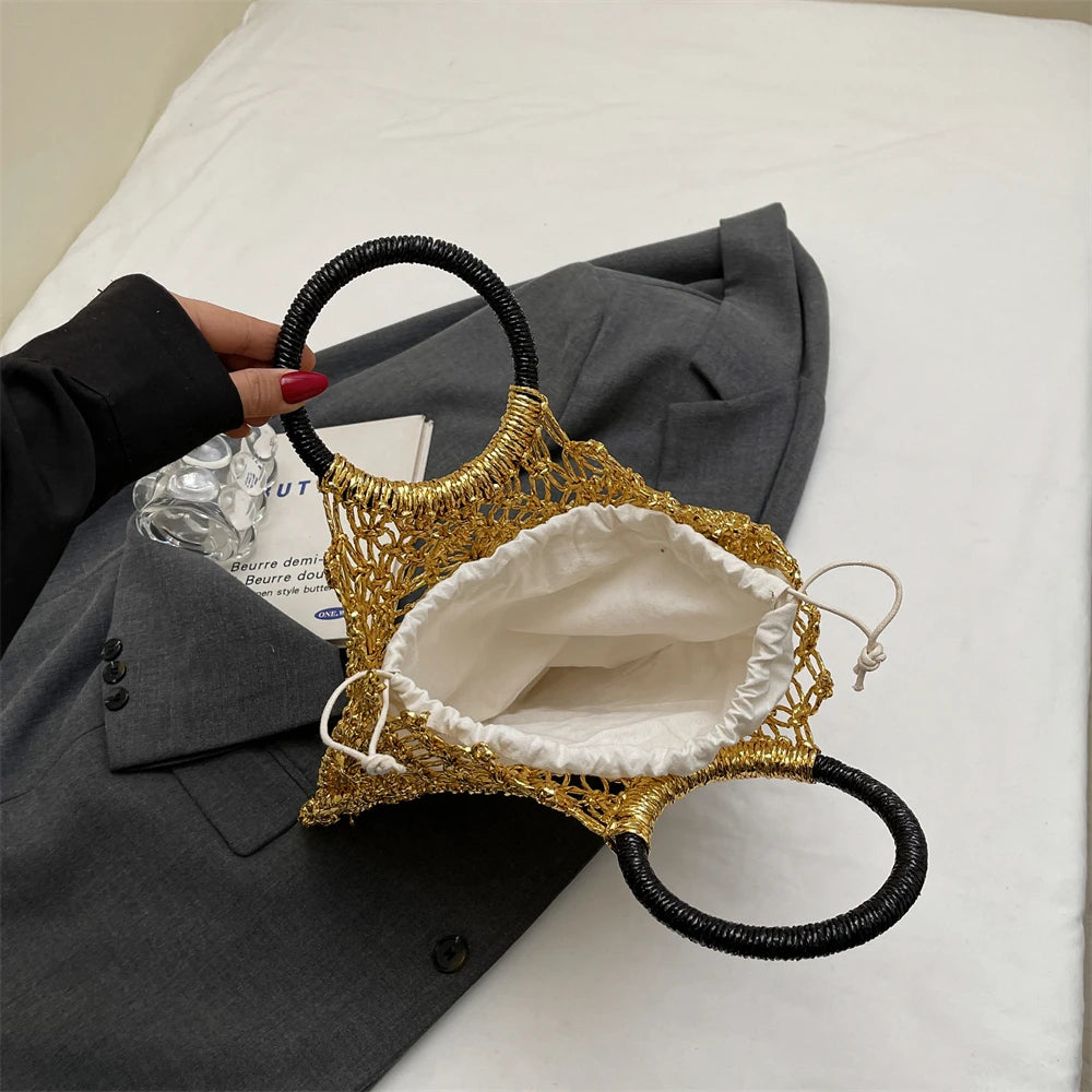 MOODS Handmade Woven Design Round Handle Handbags For Women Eco-friendly Craft Paper Hollow-out Luxury Designer Top-handle Bags