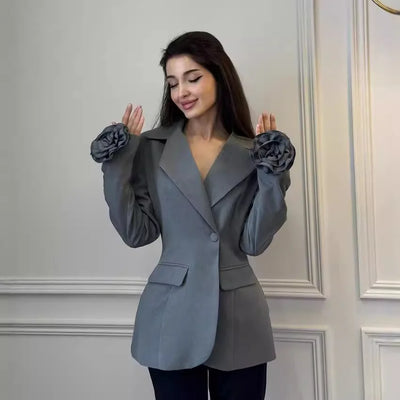 Spring Autumn Women 3D Flowers Long Sleeve Blazer Coat Chic Turn Down Collar Floral Suits Jacket Slim Waist Fit OL Cardigan Tops