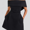 Women Belt Patchwork Short Sleeve Mini Dress, Spring Summer Fashion Slash Neck Party Dress, Solid Off The Shoulder Ladies Dress