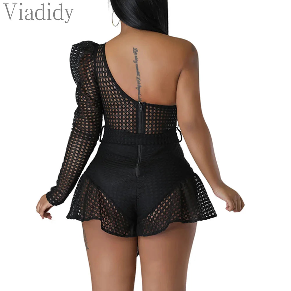 Women Sexy Solid Color One Shoulder Ruffles Decor Skinny Rompers Backless Playsuits with Belt