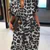 Summer Fashion V-Neck Button Lace-Up Jumpsuit Short Sleeve Loose Playsuit Overalls Women Elegant Leopard Print Pocket Rompers
