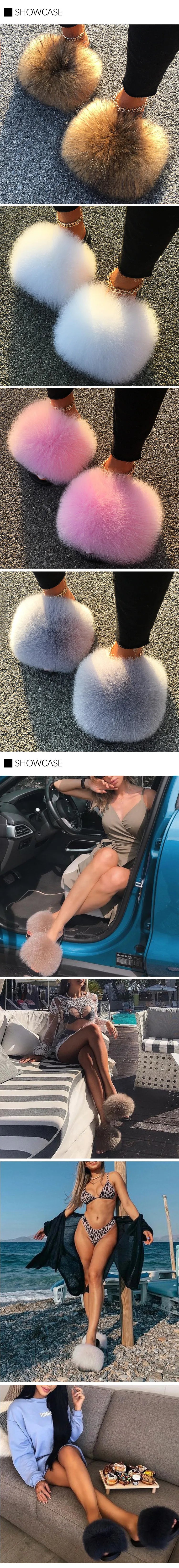 Extra Large Fur Slippers Real Fox Raccoon Fur Slides Flat Flip Flops Beach Designer Sandals Cute Plush Hair Furry Shoes Woman