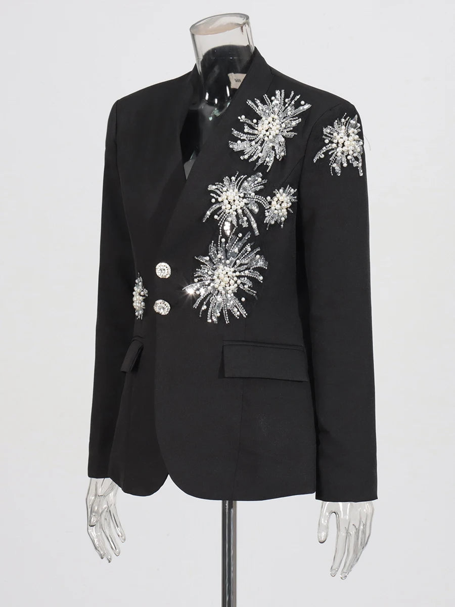 CHICEVER Solid Spliced Beading Slimming Blazer for Women Notched Collar Long Sleeve Patchwork Button Formal Coat Female Fashion
