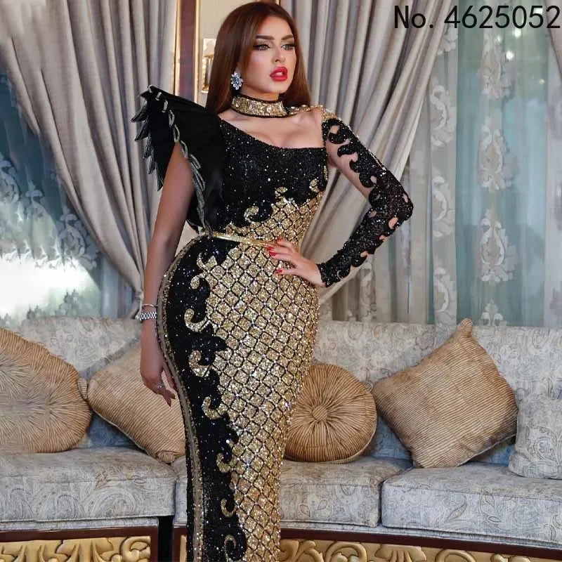 Customized Long Black Dresses Velvet Sequins Embroidered Chest Wrapped Puff Sleeve Dress Classy Ladies Spring Fall Party Celebri