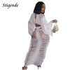 Women Summer Beach 2 Piece Skirt Set Long Sleeve Crop Top and Maxi Skirt Crochet Swimwear Fringe Tassel Hollow Out Loose Outfits