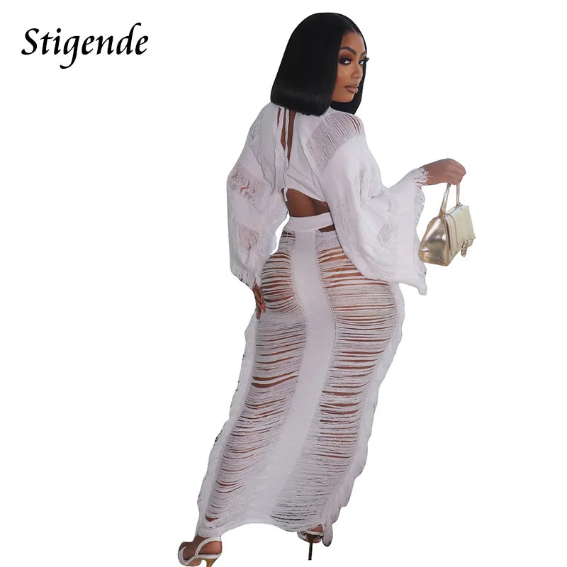 Women Summer Beach 2 Piece Skirt Set Long Sleeve Crop Top and Maxi Skirt Crochet Swimwear Fringe Tassel Hollow Out Loose Outfits