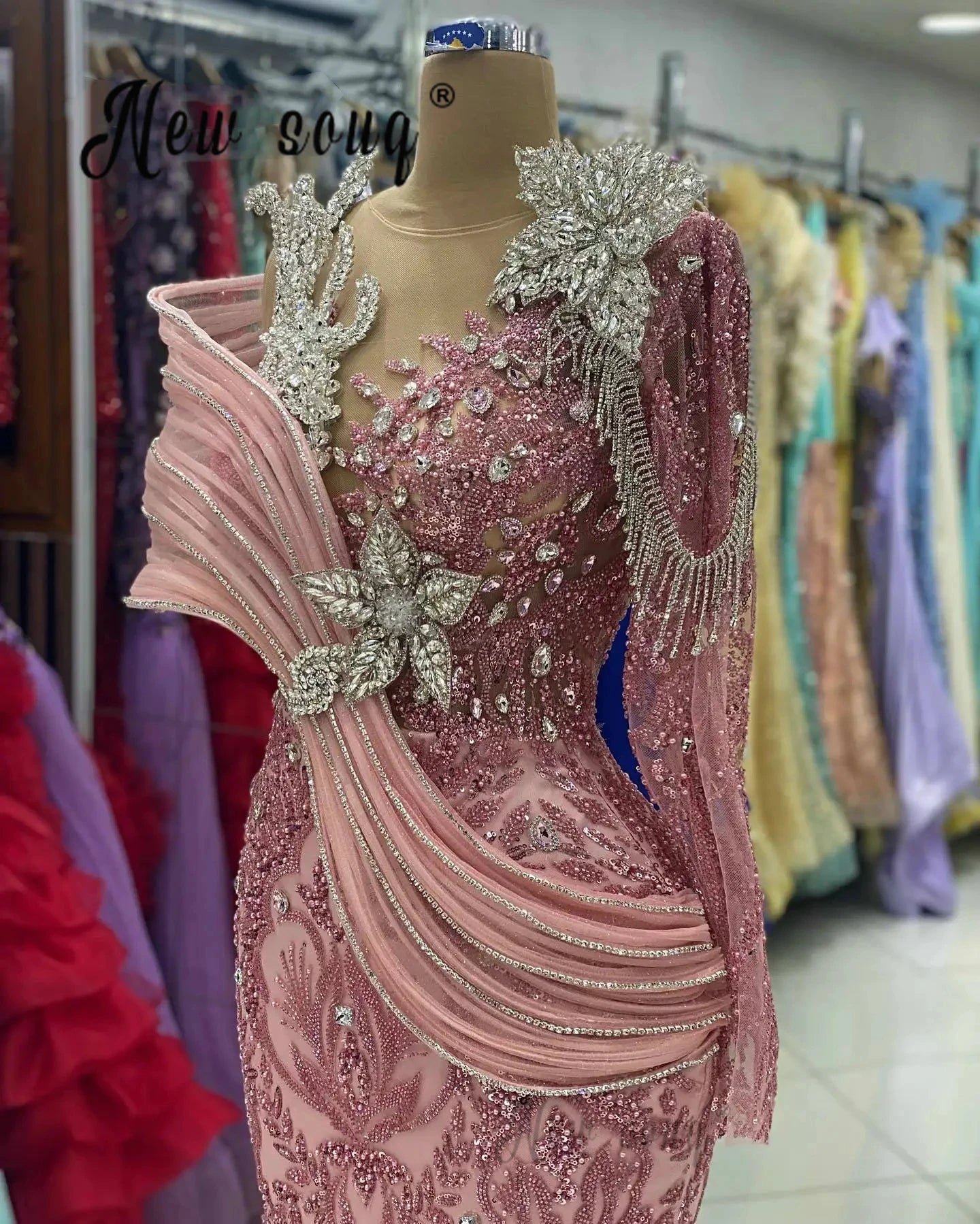 Vestidos De Fiesta Blush Pink Long Sleeve Prom Dresses Ruched Mermaid Beading Wedding Guest Dress Women Plus Size Customized