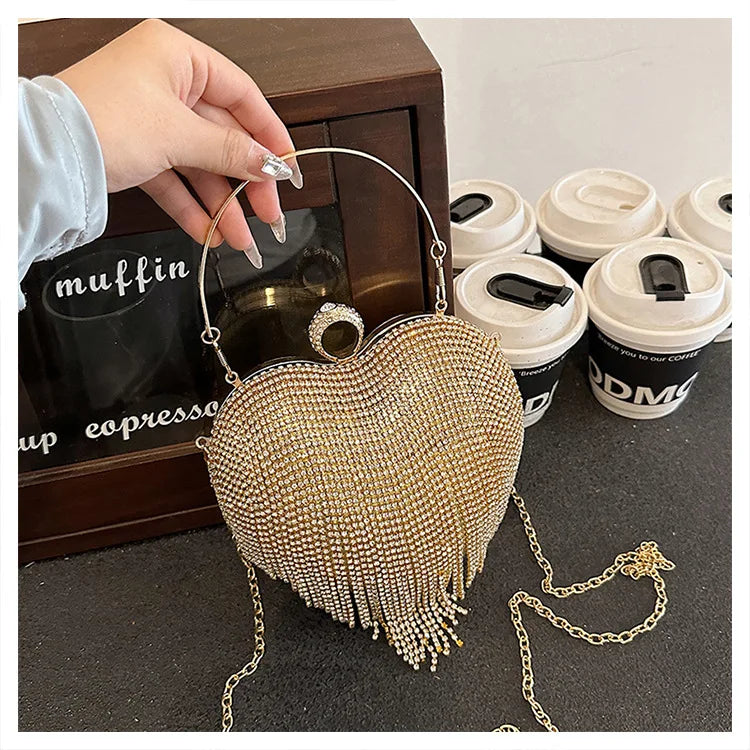 Rhinestone Evening Bag Heart Pattern Silver Handbag Womens Diamond Tassel Banquet Clutch And Purse Wedding Bridal Prom Wallets
