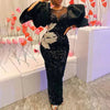 Customized Long Black Dresses Velvet Sequins Embroidered Chest Wrapped Puff Sleeve Dress Classy Ladies Spring Fall Party Celebri