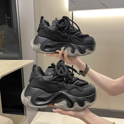 Black Platform Women's Sneakers 2024 Spring Lace-Up Thick Bottom Vulcanize Shoes Woman Pu Leather Breathable Sports Shoes Ladies
