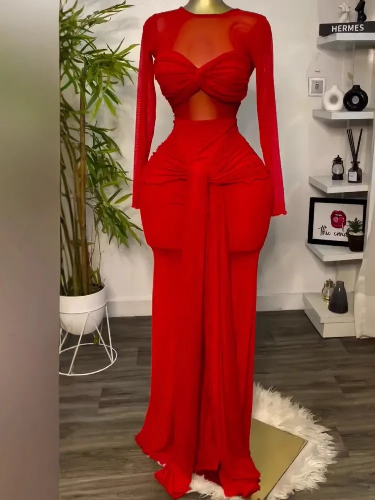 New Women's Long Dresses Sexy Round Neck Full Sleeve High Waist Elegant Splice Bodycon Evening Vestidos Maxi Party Night Dress