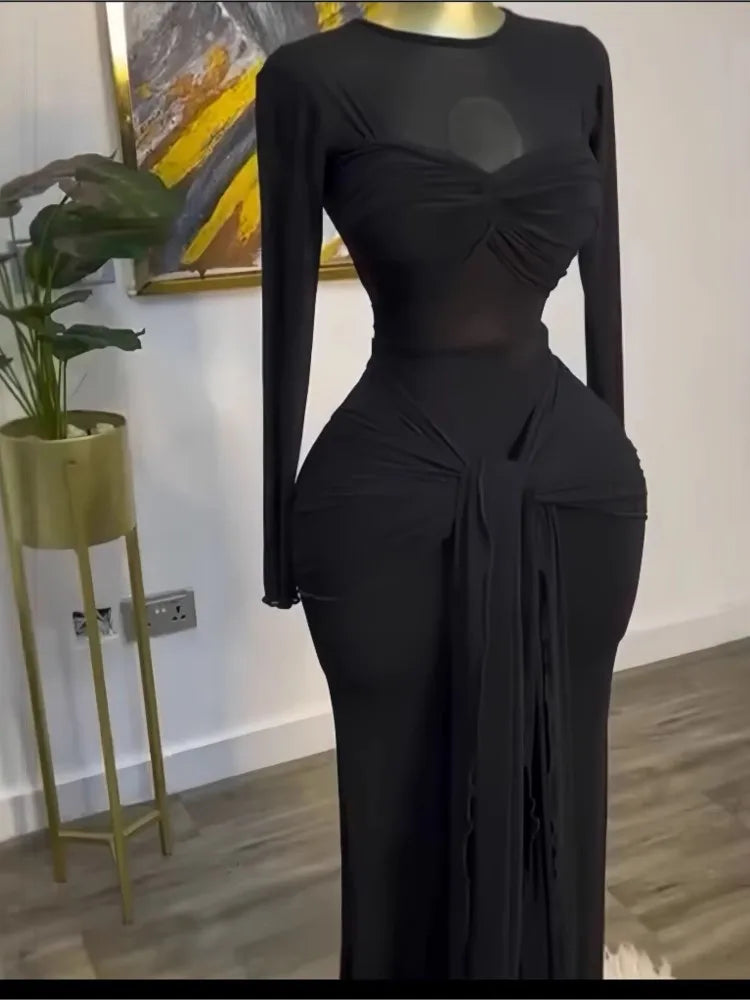 New Women's Long Dresses Sexy Round Neck Full Sleeve High Waist Elegant Splice Bodycon Evening Vestidos Maxi Party Night Dress