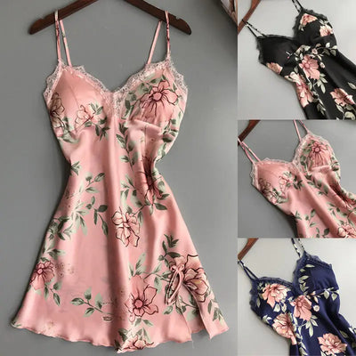Floral Satin Silk Night Dress Women Sexy Bras V-Neck Gecelik Linger Lace Sleepwear Dress Print Nightgowns Women Sexy Nightdress