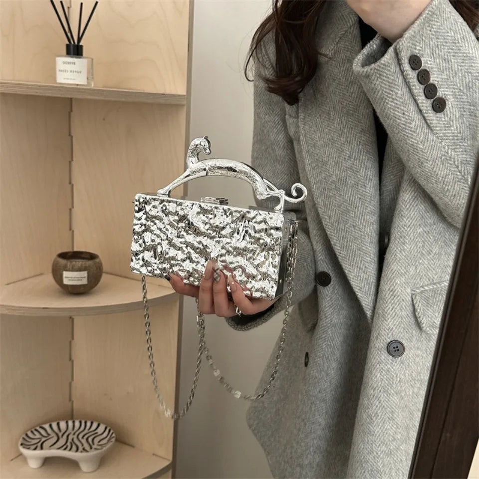 Leopard handle Luxury Gold Silver Party Evening Bag For Women Chain Clutch Handbags And Purses Mini Crossbody Shoulder Phone Bag