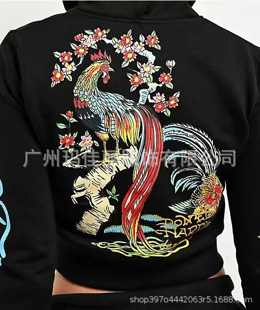 Sifreyr Street Printed Fashionable Casual Versatile Shorts Set Hooided Long Sleeved Zipper Cardigan Jacket High Waist Suit