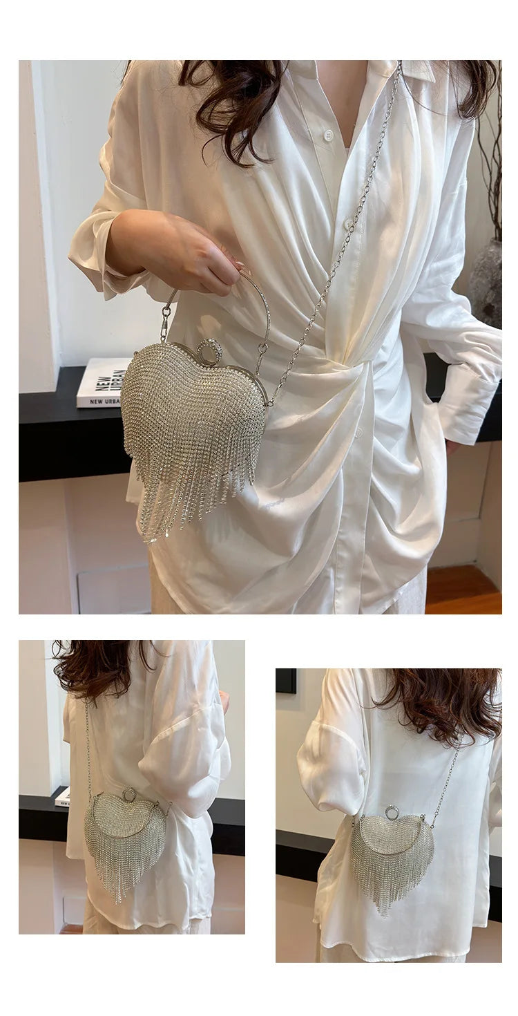 Rhinestone Evening Bag Heart Pattern Silver Handbag Womens Diamond Tassel Banquet Clutch And Purse Wedding Bridal Prom Wallets