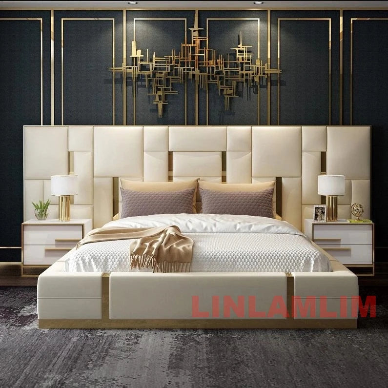 MANBAS Luxury Modern King Size Bed with Soft Upholstered Headboard and Storage Nightstands - Genuine Leather Bedroom Furniture