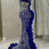 Sparkly Silver Beaded Royal Blue Evening Dress With Side Ruffles Elegant Single Sleeve Mermaid Wedding Party Gowns Vestido De
