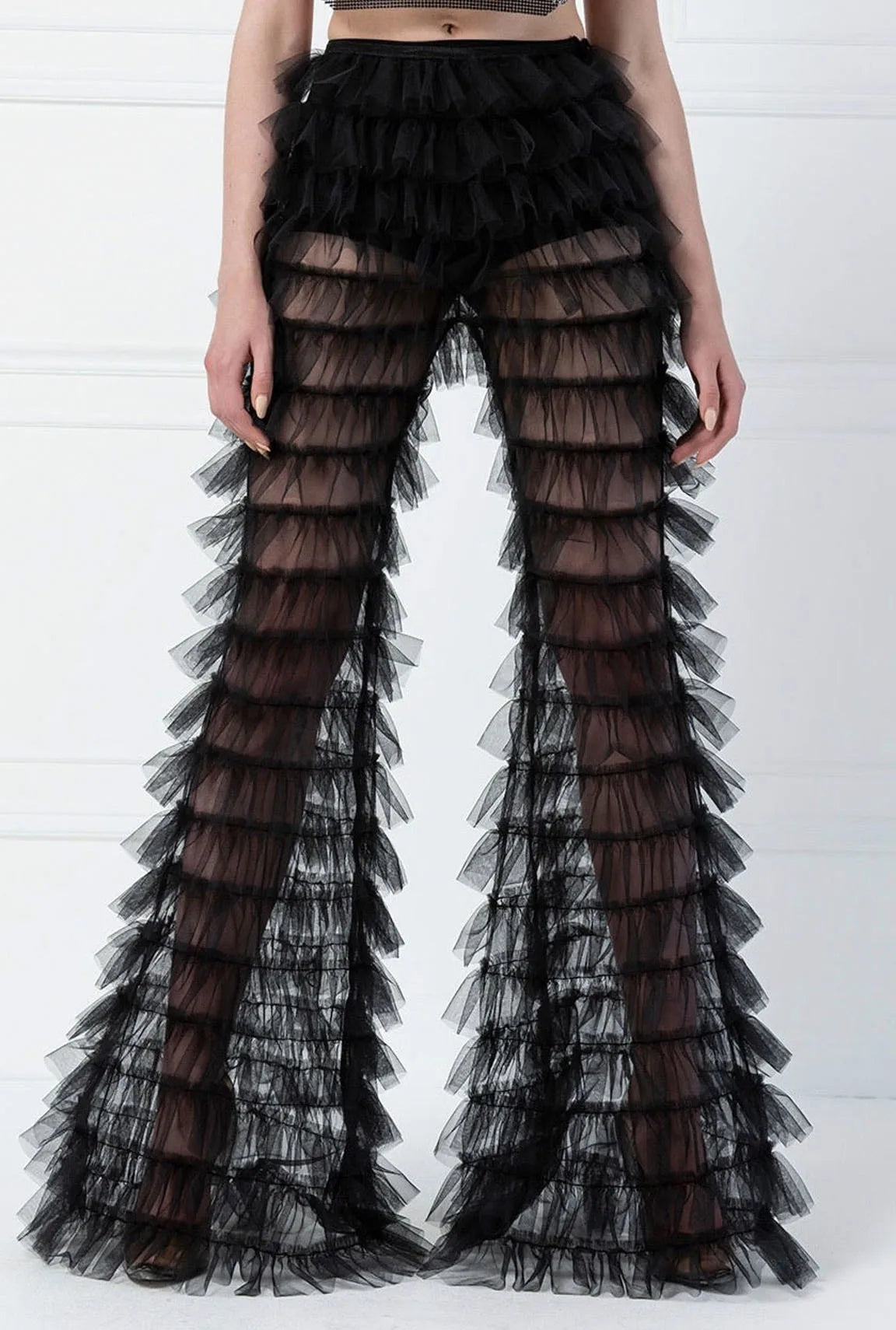Cryptographic Fashion Tiered Mesh Sheer Flare Pants Rave Festival Outfits for Women Halloween Sexy Pants Streetwear Bottoms