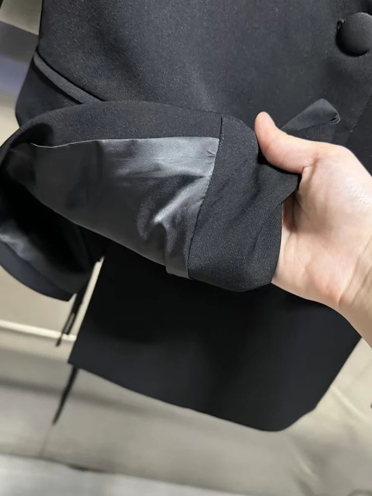 VGH Minimalist Patchwork Drawstring Solid Blazers For Women Notched Collar Long Sleeve Backless Hollow Out Blazer Female Style