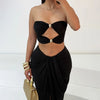 VEITCHE Summer Women Hollow Metal Buckle 2 Piece Skirt Sets Sexy Ruche Tops And Split Maxi Skirt Matching Clubwear Outfits