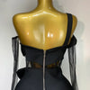 Women Sexy One Shoulder Bow Mesh See Through Bandage Bodycon Dress With Gloves Black Sleeveless Elegant Party Birthday Dresses