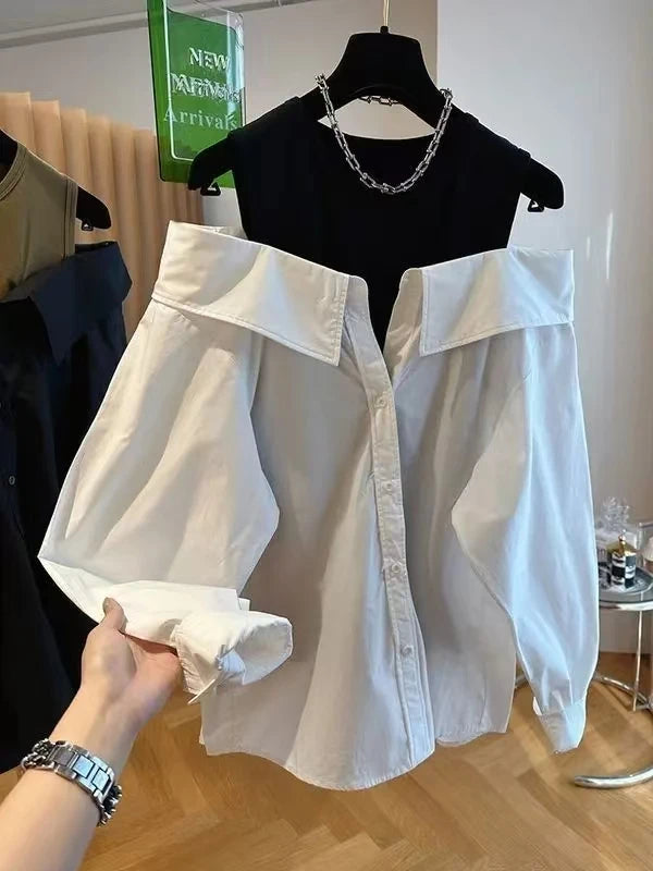 New Off The Shoulder Blouses Women Slim and Loose Tank Top Spliced Long Sleeve Shirts Autumn Round Neck Fashion Shirts Women Top