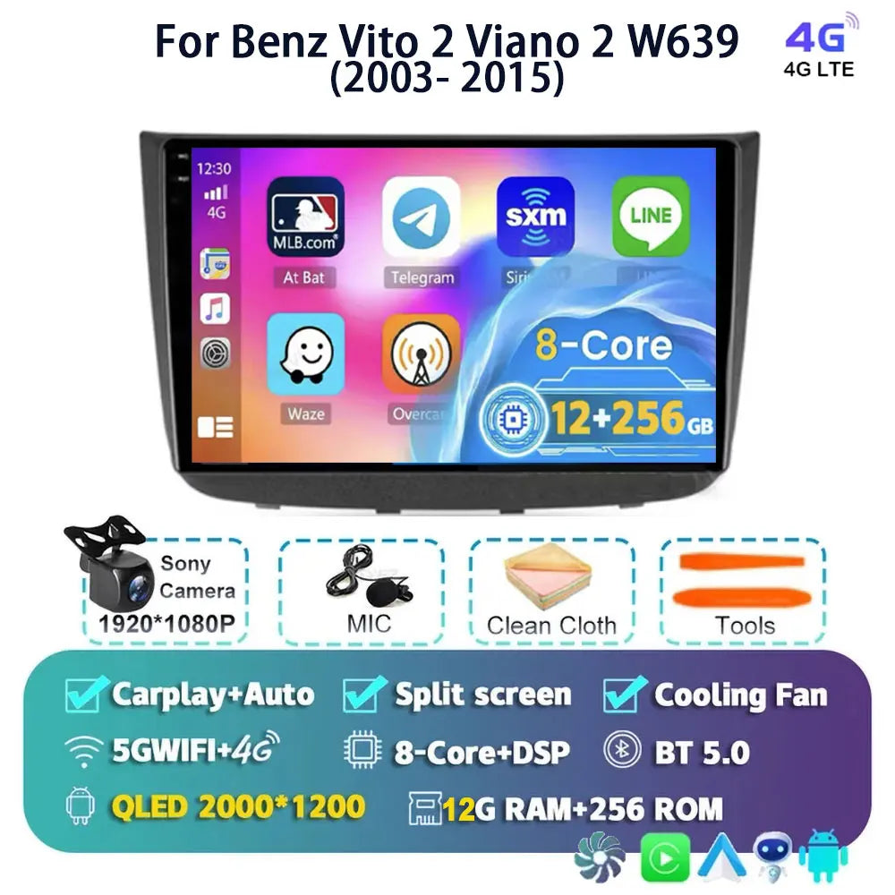 Android 14 For Benz Vito 2 Viano 2 W639 2003- 2015 2K QLED Android Car Radio Multimedia Video Player BT Stereo CarPlay Head Unit