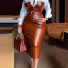 Womens Shirt Collar Dresses New Autumn Buttons Long Sleeve PU Leather Patchwork Pocket Skinny Belted Lapel Female Midi Dress