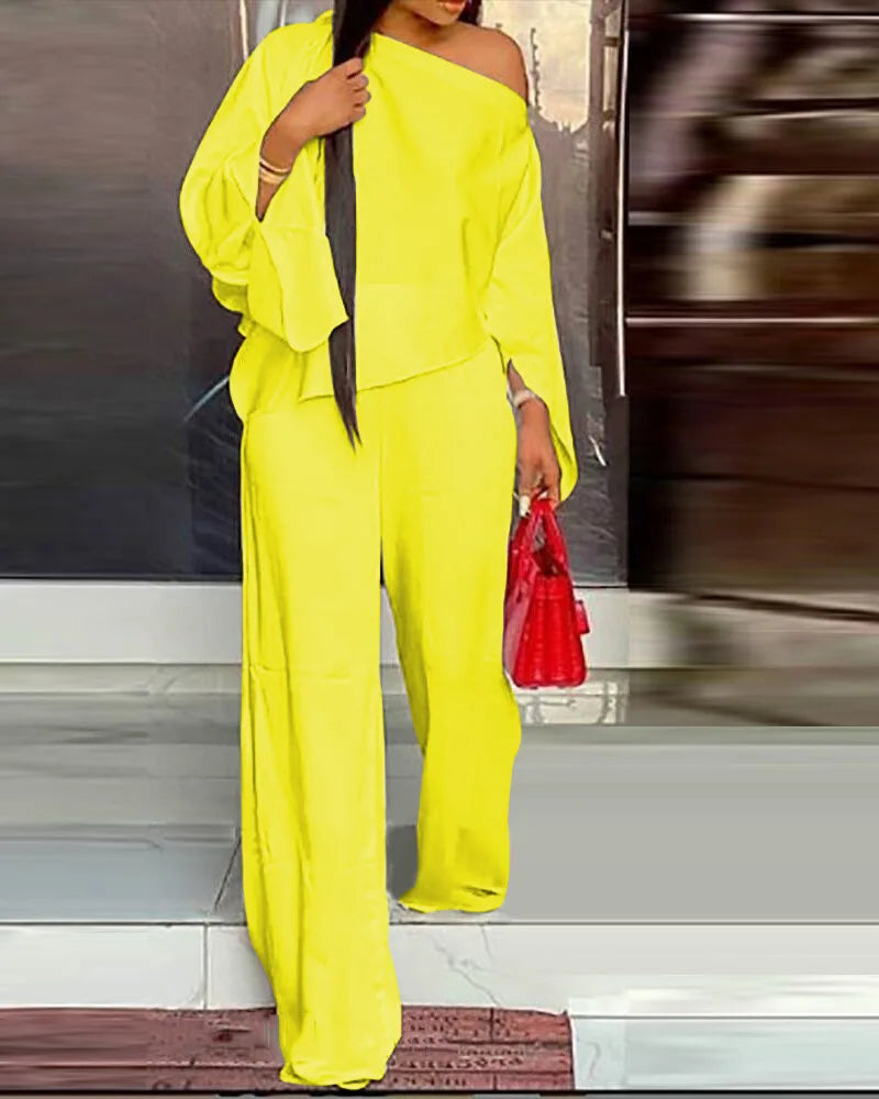 Women's Wide Leg Pants Two Piece Set Fashion Off Shoulder Shirt And Pants Sets Autumn Winter Casual Loose Solid Suit