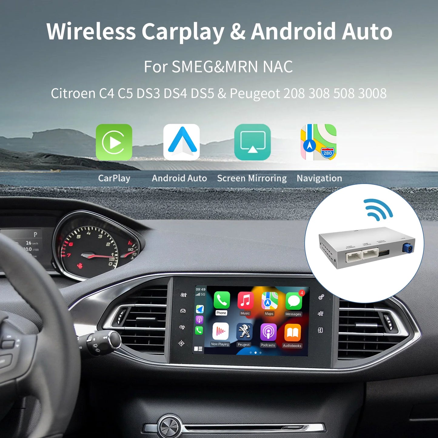 Wireless  Carplay Android Auto pour KIT Cristaux SMEG Picasso C4 C5 DS4 DS3 DS5 308 508 5008 3008 Accessory Multimedia