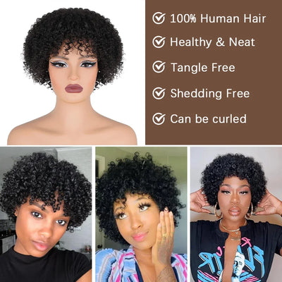 10 Inch Afro Kinky Curly Bob Wig With Bangs Curly Pixie Cut Glueless Wigs Machine Made Brazilian Human Hair Wigs For Black Women