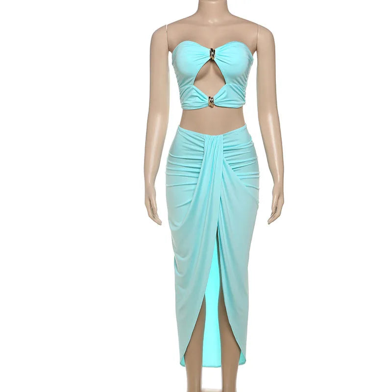 VEITCHE Summer Women Hollow Metal Buckle 2 Piece Skirt Sets Sexy Ruche Tops And Split Maxi Skirt Matching Clubwear Outfits