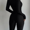 Mozision Deep V Neck Long Sleeve Skinny Jumpsuits Women Rompers Elegant Black High Waist Ruched Slim Sexy Jumpsuit Outfits