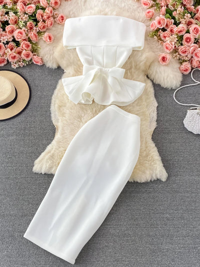 Bodycon Elegant Skirt Sets Womens 2 Pieces Sexy Peplum Tops Bare Shoulder Sashes Up Pencil Skirts Party Club Prom Evening Suits