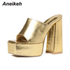 Aneikeh 2025 New Fashion Open Toe Platform High Heel Women Summer Mules Slip-On Outdoor Slippers Sandals Size 35-42 Silver Gold