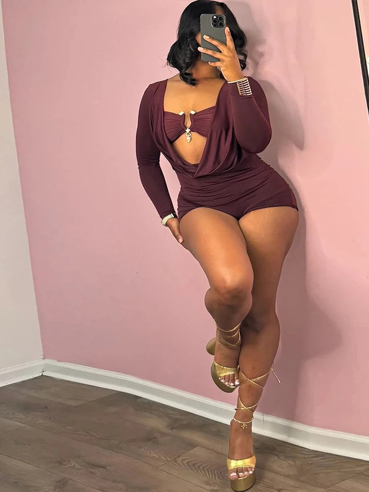 Insglas Spring Trend Swing Collar Sexy Women Romper+Metal buckle Bra Hipster Midnight Party New Workout Fit Coquette Playsuits