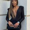 Mozision Deep V Neck Long Sleeve Skinny Jumpsuits Women Rompers Elegant Black High Waist Ruched Slim Sexy Jumpsuit Outfits