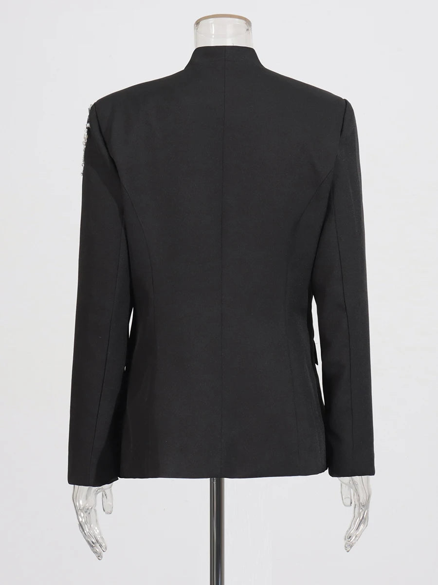 CHICEVER Solid Spliced Beading Slimming Blazer for Women Notched Collar Long Sleeve Patchwork Button Formal Coat Female Fashion