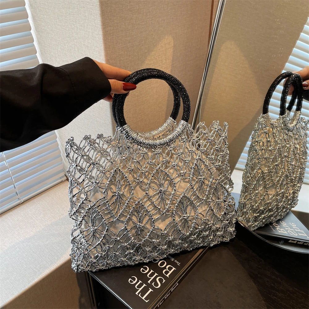 MOODS Handmade Woven Design Round Handle Handbags For Women Eco-friendly Craft Paper Hollow-out Luxury Designer Top-handle Bags
