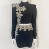 Sexy Long Sleeves Bandage 2-Piece Sets Women Turtleneck Shiny Diamonds Flower Top + Bodycon Mini  Skirts Suits Evening Party Set