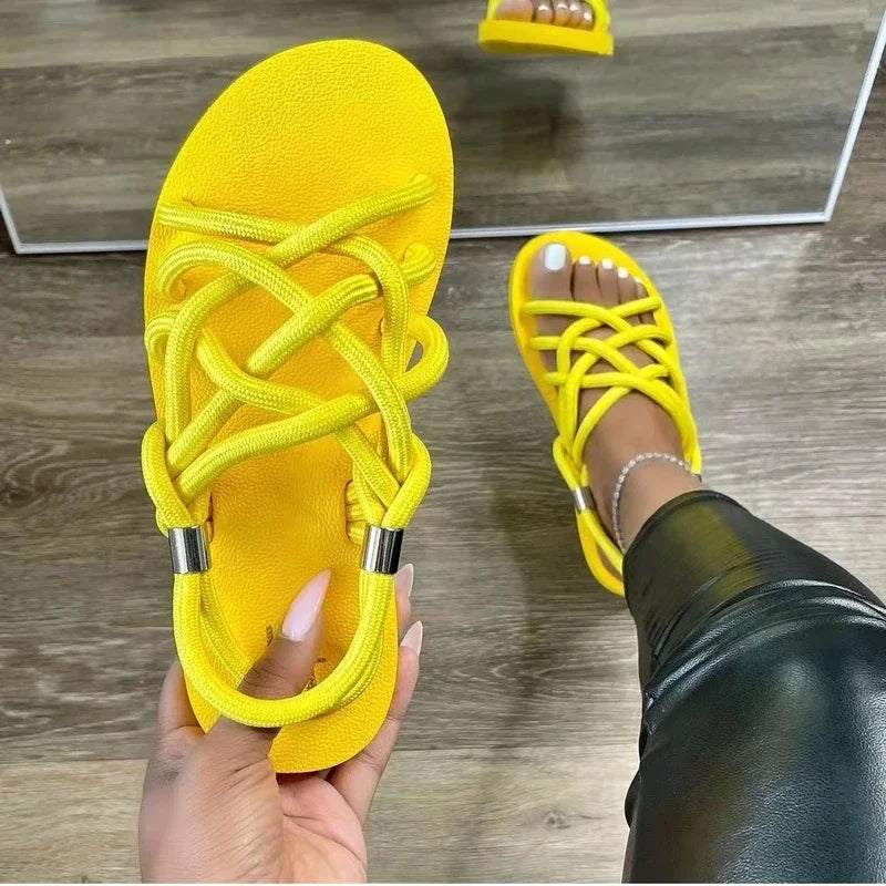 Large size women sandals 2022 summer flat women's shoes hemp rope set foot beach sandals outdoor all-match casual slippers