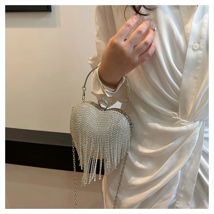 Rhinestone Evening Bag Heart Pattern Silver Handbag Womens Diamond Tassel Banquet Clutch And Purse Wedding Bridal Prom Wallets