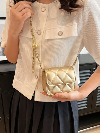 Simple And Versatile Texture Mini Bag With Gold Ball Chain Strap Shoulder Bag Crossbody Bag 	Purse Women's Bag