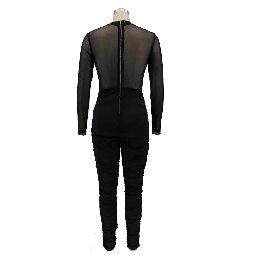 Sexy Mesh Patchwork Jumpsuits for Women Elegant Long Sleeve Bandage One Piece Party Long Bodysuit