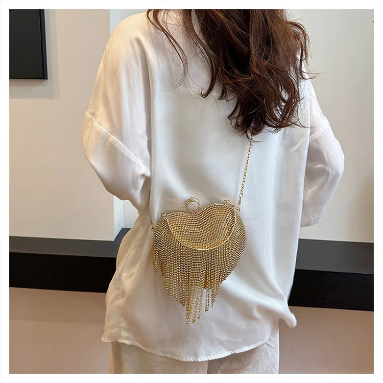 Rhinestone Evening Bag Heart Pattern Silver Handbag Womens Diamond Tassel Banquet Clutch And Purse Wedding Bridal Prom Wallets