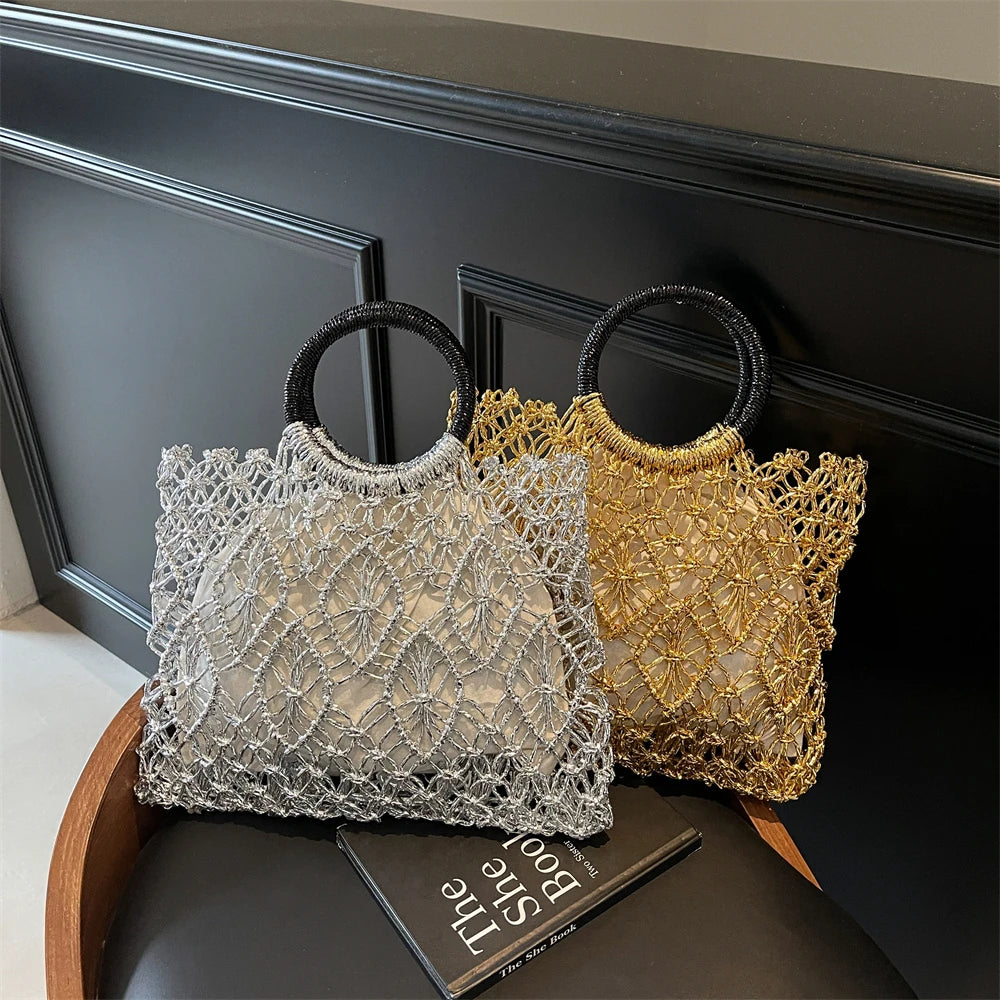 MOODS Handmade Woven Design Round Handle Handbags For Women Eco-friendly Craft Paper Hollow-out Luxury Designer Top-handle Bags