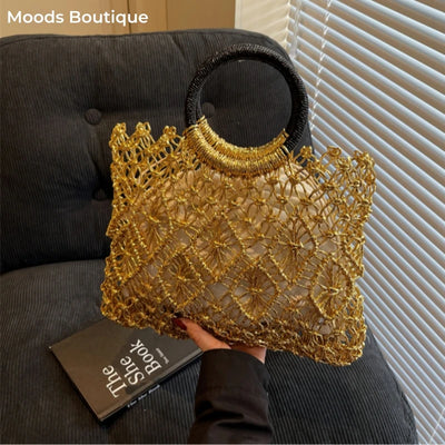 MOODS Handmade Woven Design Round Handle Handbags For Women Eco-friendly Craft Paper Hollow-out Luxury Designer Top-handle Bags
