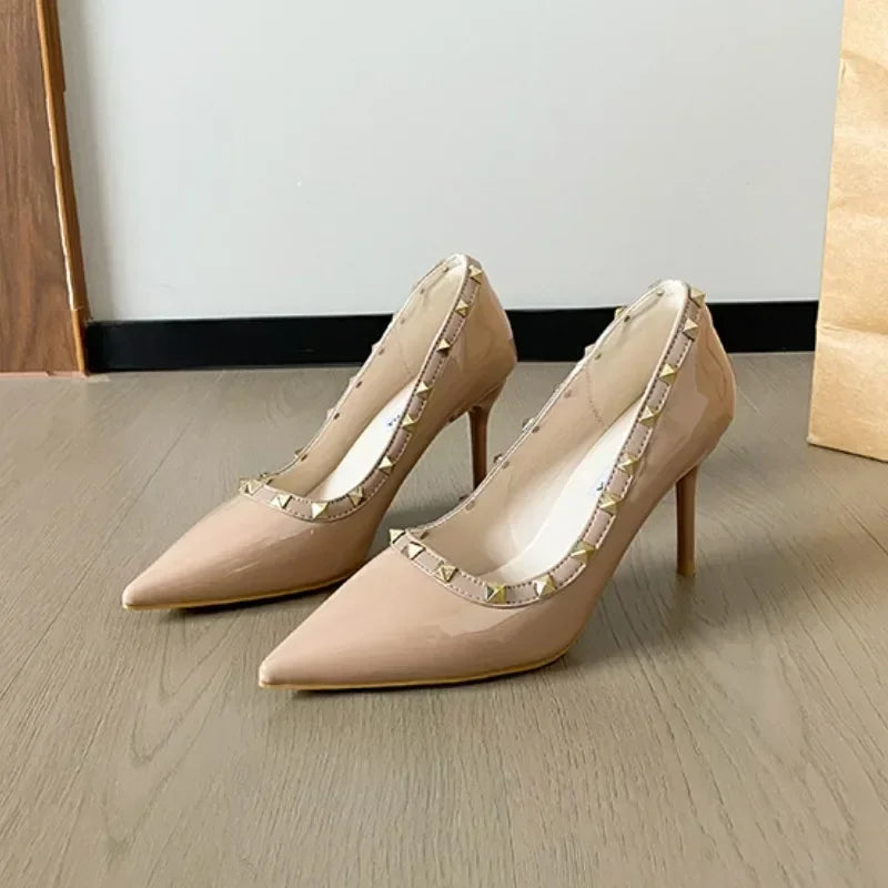 Sexy Pointed Toe Women's Soft Leather Pumps Autumn New Thin High Heels 2024 Latest Rivet Design Ladies Dress Shoes Big Size 42